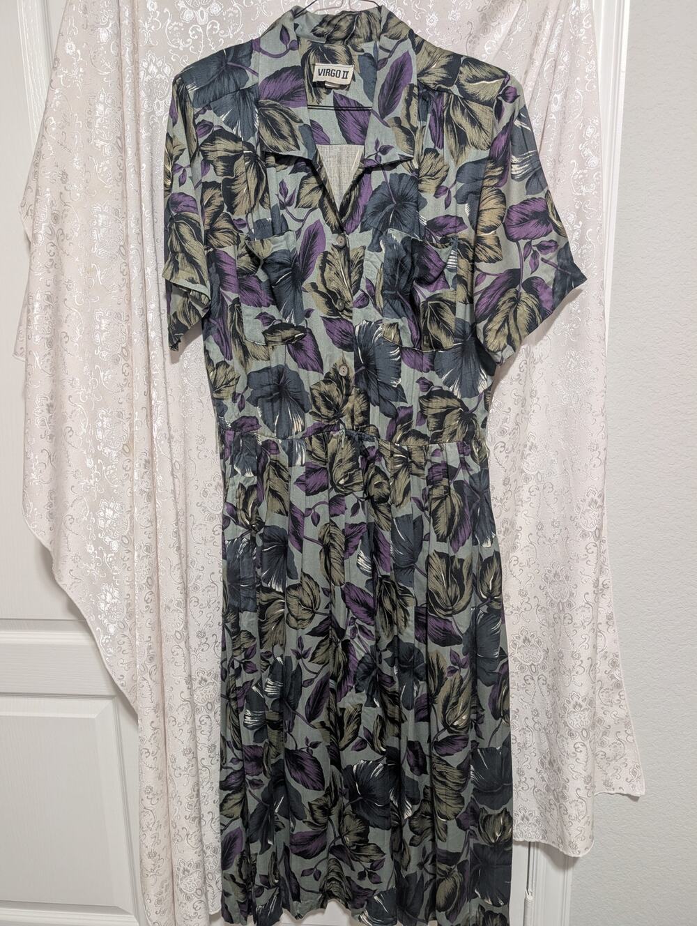 Vtg 80s Virgo II Botanical Maxi Shirt Dress Union Made Size 16